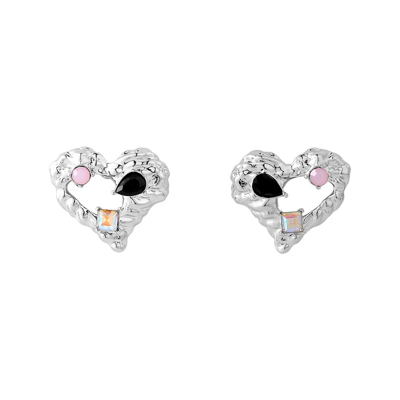 

Minar Lovely Bling Rhinestones Love Heart Drop Earrings for Women Female Silver Color Copper Irregular Geometric Earring Brincos