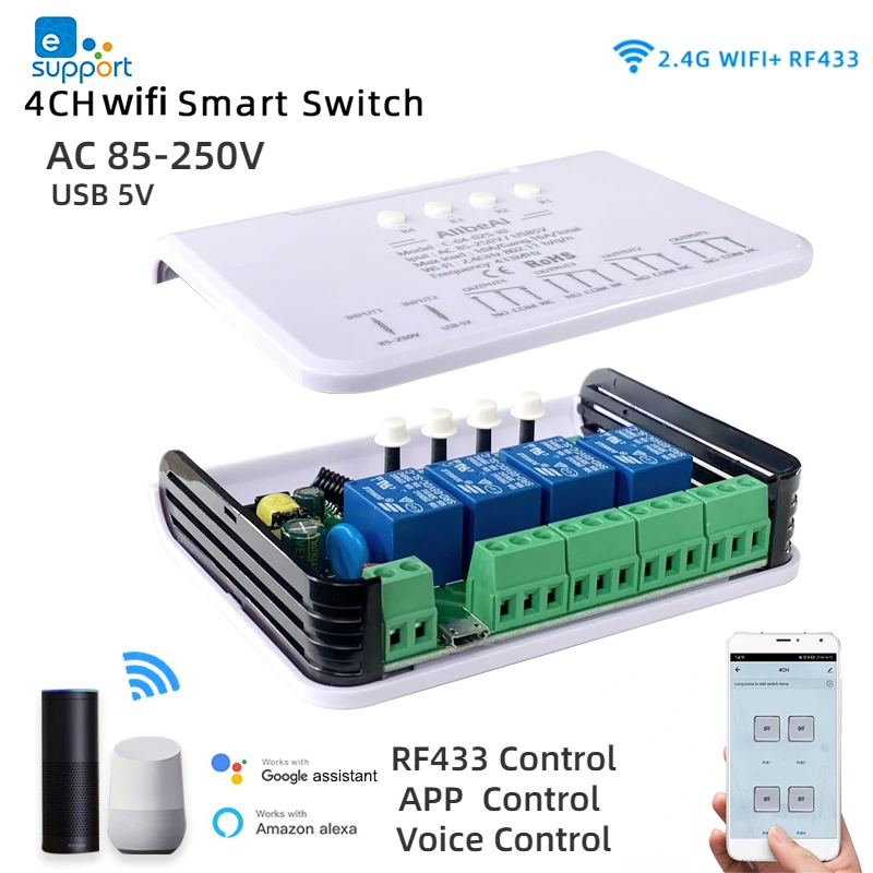 

eWeLink WIFI 4CH Smart Module Switch,Motor Controller,AC 110V 220V 230V 250V,4 Channel Pulse Relay,Alexa GoogleHome RF433 Remote