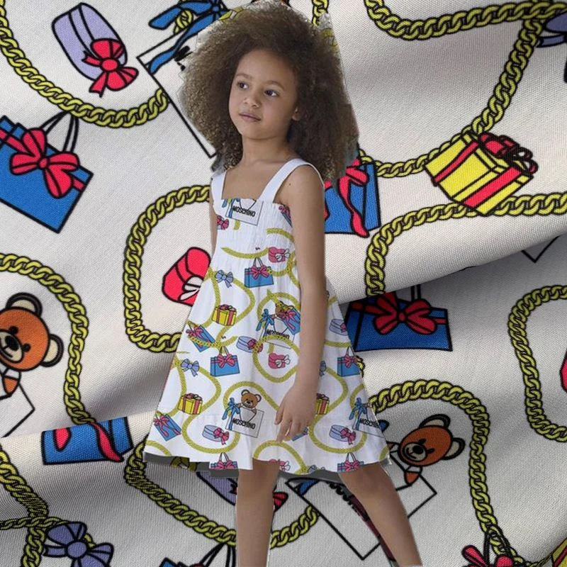 

Spring and summer luxury brand bear gift box pattern digital printing imitation cotton fabric handmade DIY sewing skirt material