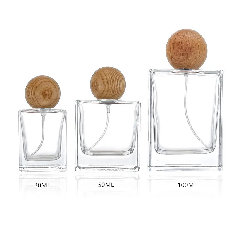 

30/50/100ml Square Perfume Sub-Bottling With Spherical Wooden Cap High-End Glass Cosmetic Packaging Spray Bottles Wholesale