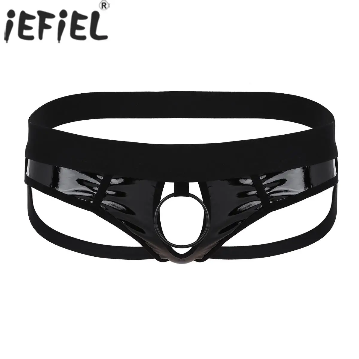 

Men Low Rise Bikini G-string Underwear with Metal O-Ring Faux Leather Underwear Open Back And Hollow Out Jockstrap Surprise Gift
