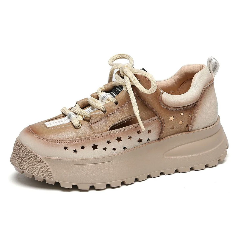 

New Summer Women Sandals Fashion Genuine Leather Women's Shoes Trend 2022 Round Toe Hollow Platform Sandals Comfortable Casual