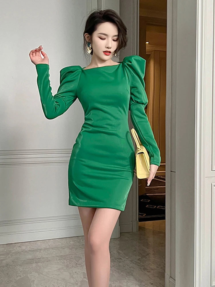 

Korean Style Elegant Dress For Women 2022 O-Neck Puff Sleeve Mini Club Green Street Clothes Evening Runway Female Dress Vestidos