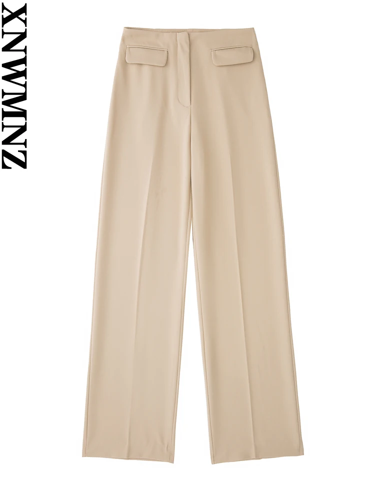 

XNWMNZ 2022 Women Fashion Flip High Waist Straight Trousers Woman Retro High Waist Casual All-match Female Chic Pants