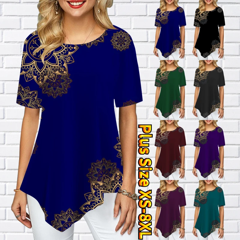 

Women's Daily Street Flower Pattern Print Round Neck Comfortable Breathable Pointed Toe Skirt Swing Short Sleeve T-Shirt XS-8XL