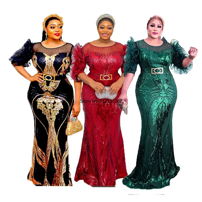 

Elegant Dress Women for Wedding Party Summer African Women Short Sleeve O-neck Polyester Sequined Long Dress Ankara Dresses
