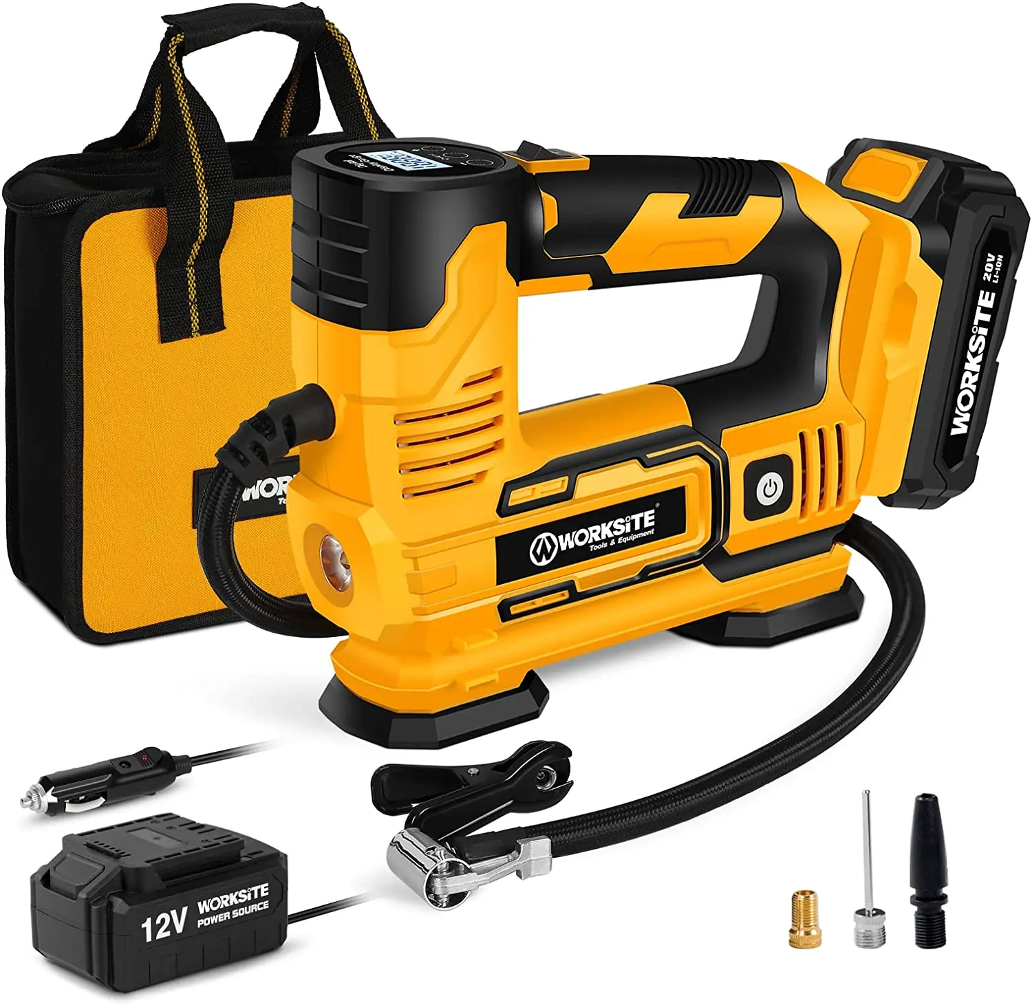 

Tire Inflator Air Compressor Portable, With Digital Pressure Gauge, Rechargeable Li-ion Battery and 12V Car Power Adapter