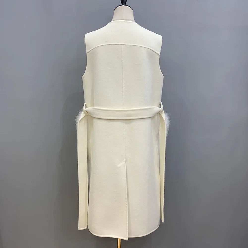 Spring Autumn Real Cashmere Vest With Fox Fur Women Fashion Sleeveless Fur Pocket Gilet Streetwear Wool Waistcoat S3605B