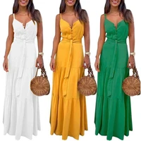 sexy women summer dress fashion sleeveless backelss yellow white casual spaghetti strap button long vestido feminino robes 2022