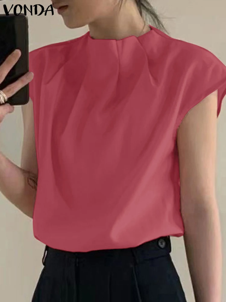 

VONDA Women Blouse Elegant Stand Collar Shirts 2023 Casual Pleated Short Sleeve Elegant Top Loose Solid Color Blusas Tunic