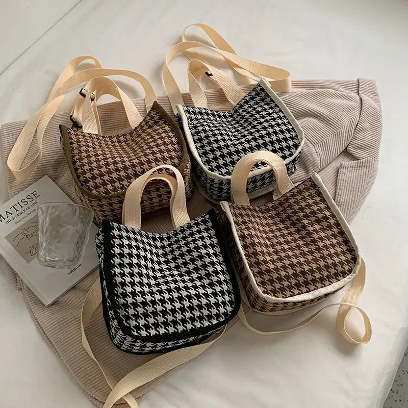 

2022 New Popular Girl One-shoulder Hand-held Messenger Bags Simple Houndstooth Canvas HandBags Retro Crossbody Bags for Women