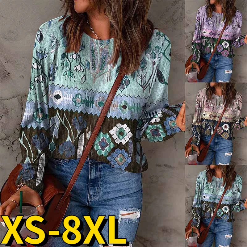 2022 New Autumn Vintage Print T-shirt Women Round Neck Tee Loose Size Tops Everyday Trend Pullover Winter Elegant Long Sleeve
