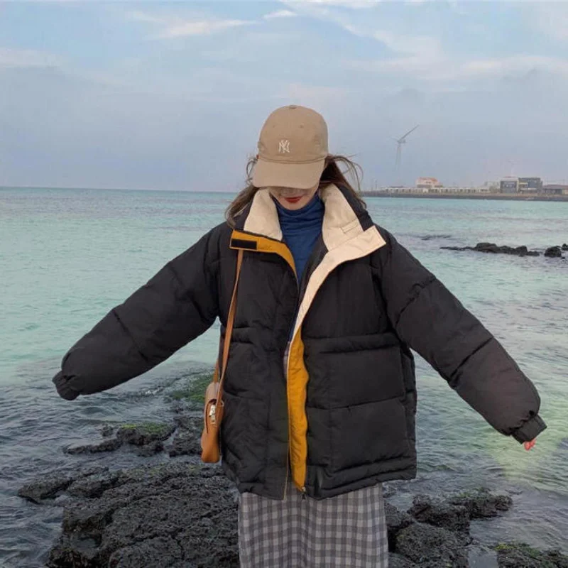 Fashionable Down Cotton Jacket Winter Cotton-padded Jacket Loose Patchwork Color Thick Warm Bread Suit Ladies' Cotton Coat Coat