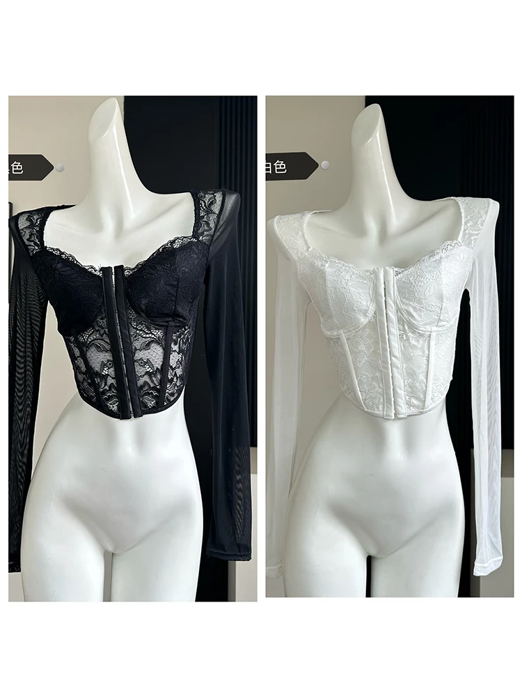 Женская блузка с длинным рукавом черная Готическая кружевная рубашка в стиле