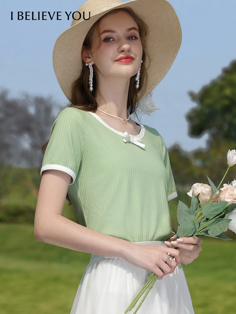 

I BELIEVE YOU 2023 Summer Top Women Knitted T-shirts Green Short Sleeve Office Lady Bow Patchwork Slim Female Tees 2232015043
