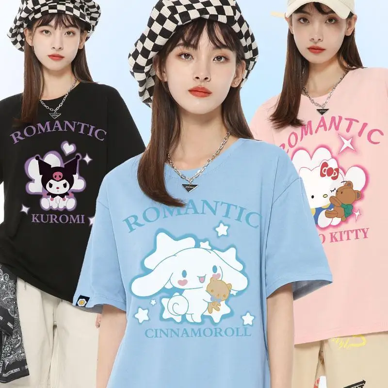 

Kawaii Sanrios Anime Series Kuromi My melody Cinnamon Hello Kitty Summer New Cute Round Neck Printed BFF Short Sleeves