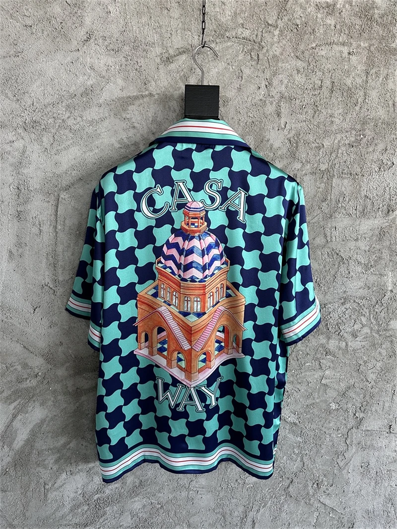 

New Blue check Casablanca Silk Shirt Castle Printing Streetwear Men Women Short Sleeve Hawaii Beach Shirts Clothing