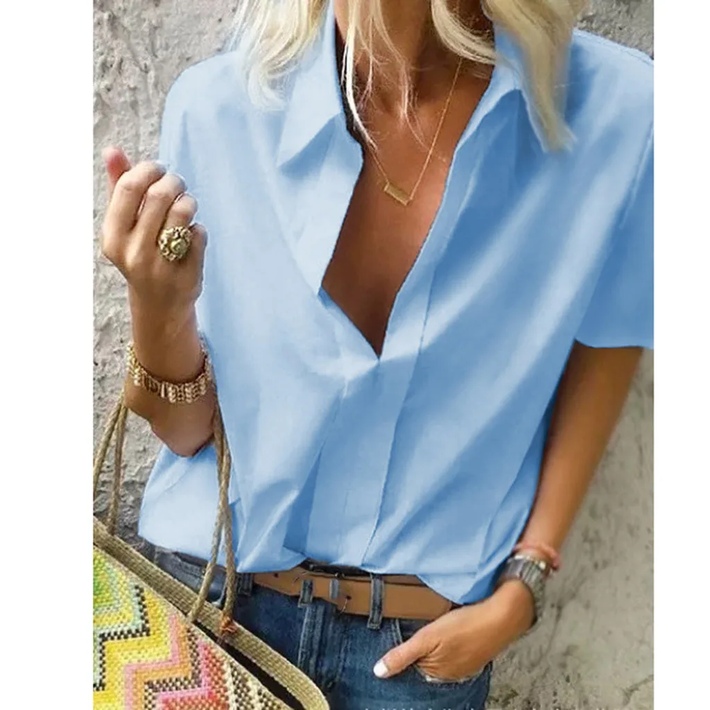 

Women Fashion Casual Short Sleeved Loose color Deep V Neck Summer Shirts Tight Blouse Tunic Top Women Summer