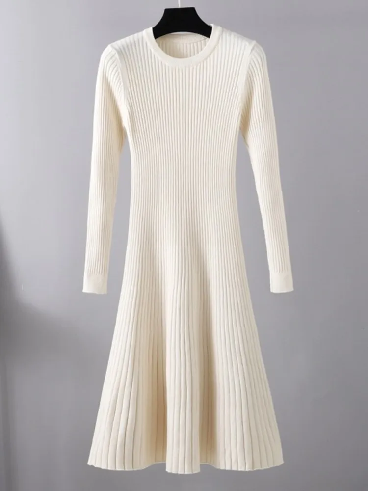 

Трикотажное элегантное платье-миди для женщин, зимнее однотонное повседневное облегающее платье А-силуэта с длинным рукавом для вечеринки,...