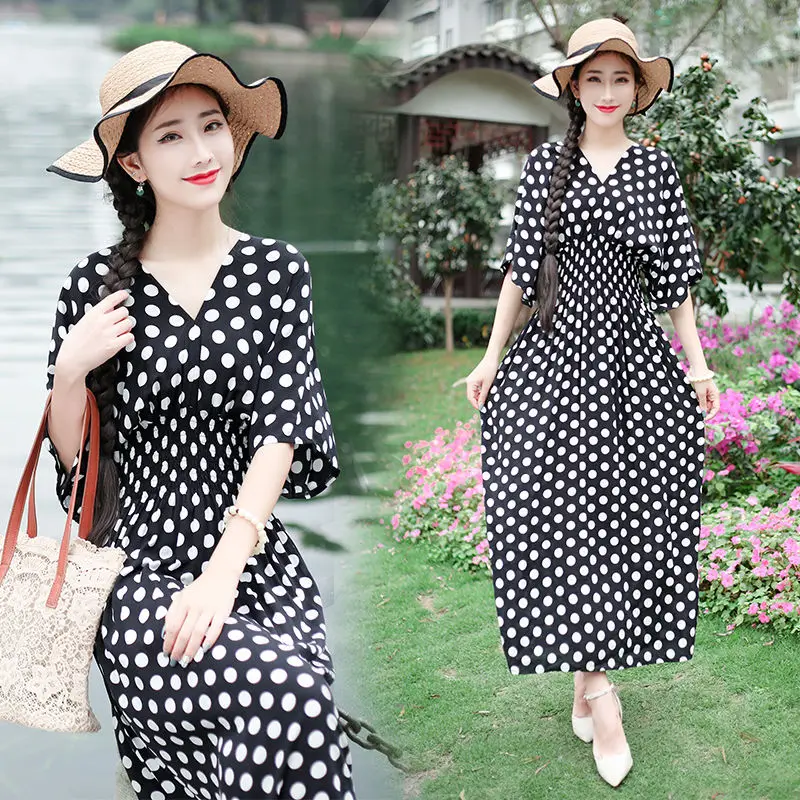 

Elegant Vintage Dot Print Bohemian Dress Women's Clothing 2022 Vacation Beach Raglan Half Sleeve Loose V-Neck Floral Midi Dress