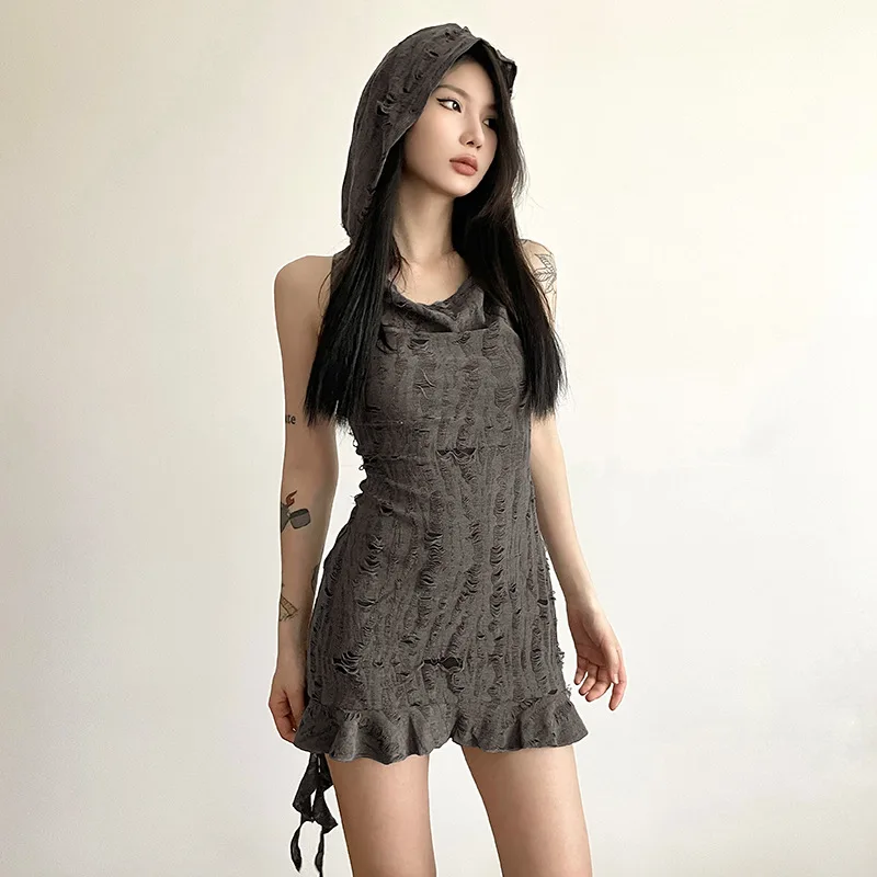

Goth Dark Frayed Fairy Grunge Y2k Hooded Dresses Vintage Gothic Ruffles Women Sexy Mini Dress Punk Partywear Sleeveless Outfits