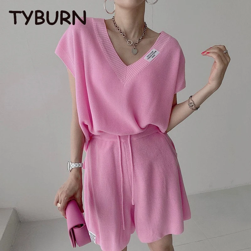 

TYBURN Korean Sweet V-neck Loose Sleeveless Sweater Drawstring High Waist Casual Wide Leg Shorts Set Woman 2 Pieces Summer