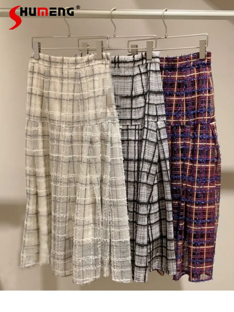 Japanese Style Mid-length Plaid Skirt Woman 2022 Autumn and Winter New Elegant Lady High Waist Embroidered Pleated Long Skirts