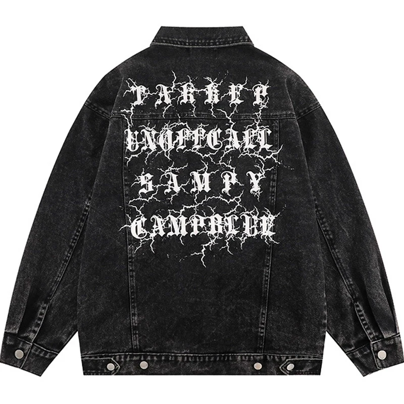 

Lightning Letter Print Denim Jacket Men's Retro Harajuku Street Washed Distressed Couple Loose Casual Jacket Fall Black Outwear