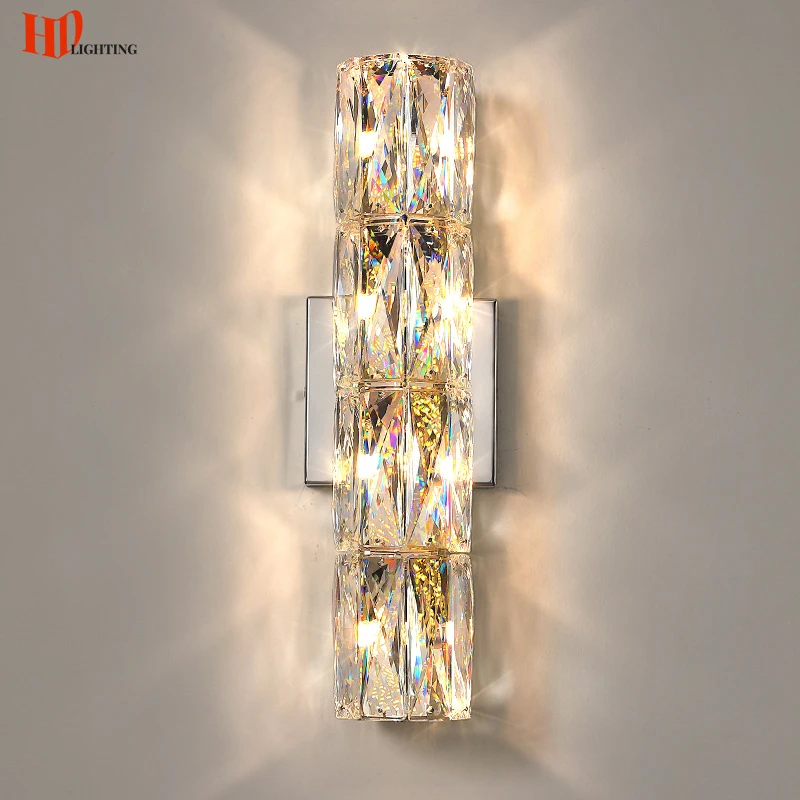 HD Modern Long Crystal Wall Lamp Living Room Bedroom Bedside LED Wall Lights For Stair TV Background Corridor Gold Silver Sconce