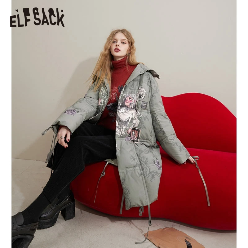 ELFSACK Gray Warm Down Coats Women 2022 Winter Windproof Long Outwears