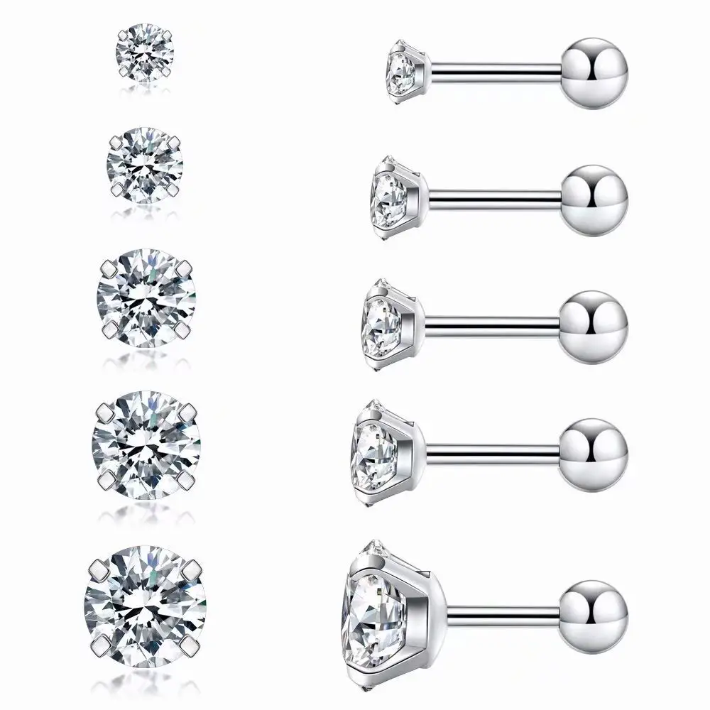 

Cubic Zirconia Hypoallergenic Stud Earrings For Men Women Girls Declaration Cartilage Medical Steel Spiral Earrings 5 Pairs