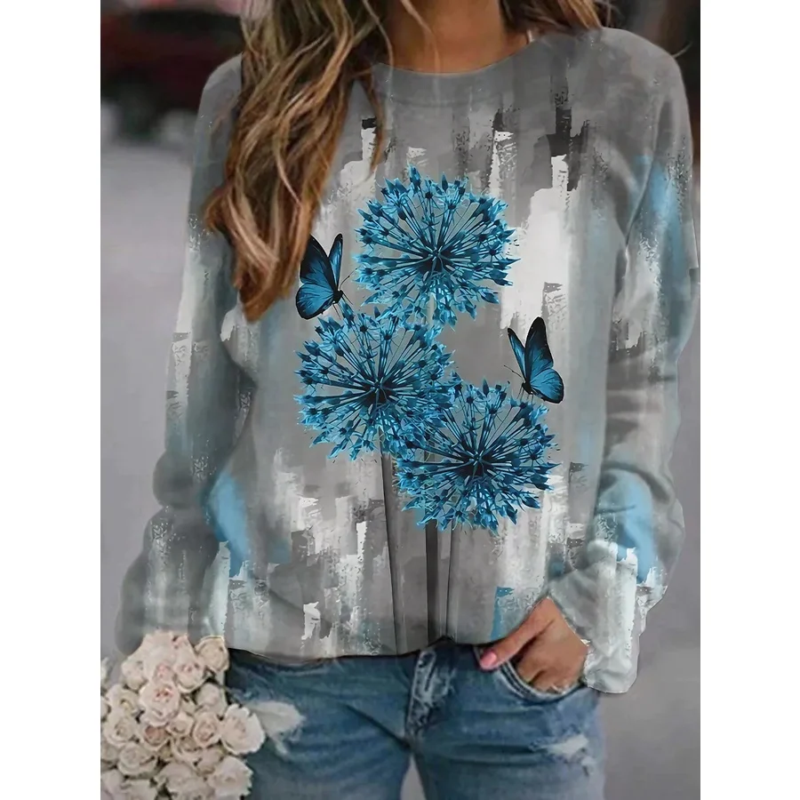 

2022 [New In] Women's Floral Theme Painting T Shirt Dandelion Print Round Neck Basic Tops Green / 3D Print