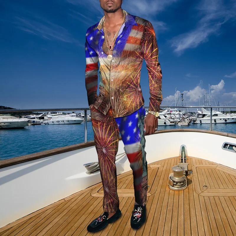

2023 National Flag 3D Printing Men's Summer Two Piece Fashion Casual Long Sleeve Button Shirt and Long Pants Men's Street Wear
