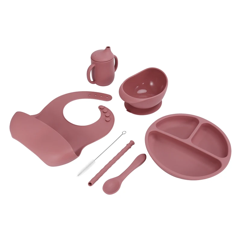 

7PCS/Set Baby Silicone Tableware Set Baby Feeding Dishes BPA Free Bowl Plate Bibs Spoon Fork Sets Children Dinnerware