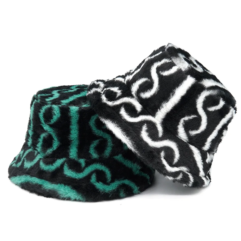

2022 New Winter Bucket Hat Women Furry Designer Plaid Fuzzy Warm Panama Warm Hats Female Faux Fur Fisherman Cap Hats