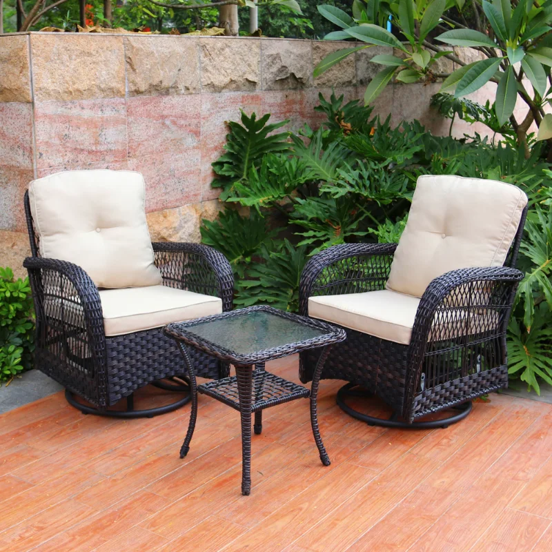 

Abble Wicker Swivel Conversation 3 Piece Rattan Seating Group with Cushions - Dark Brown