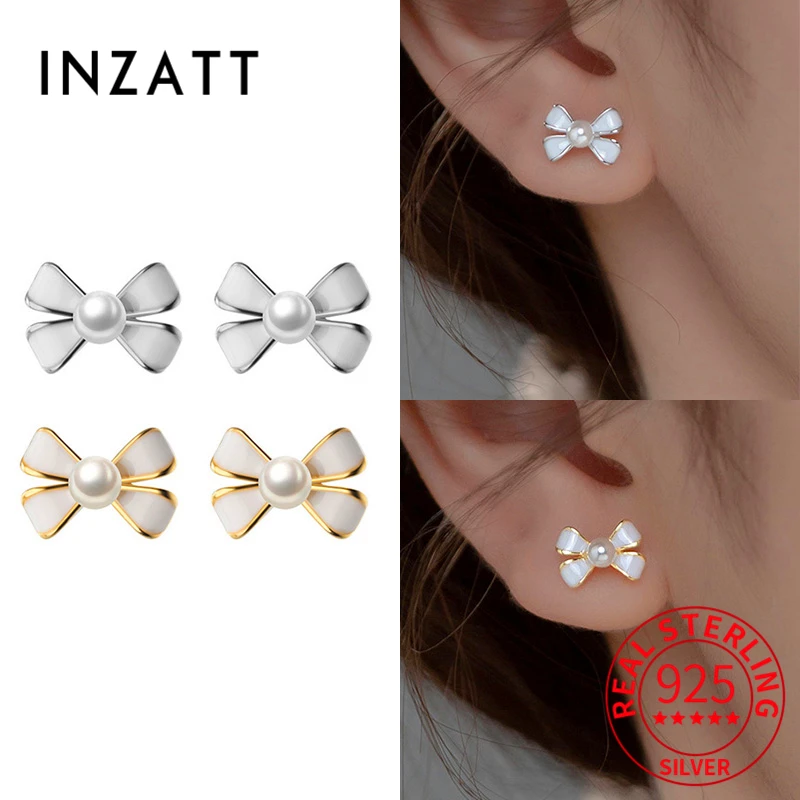 

INZATT Real 925 Sterling Silver Pearl Bowknot Stud 18K Gold Earrings For Women Trendy Fine Jewelry Minimalist Accessories