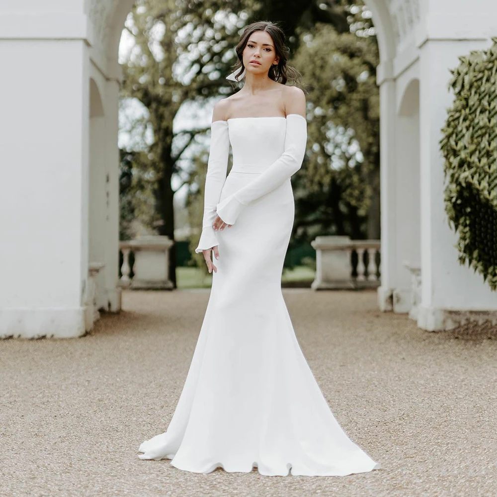 

Атласные свадебные платья-русалки UZN цвета слоновой кости, Простые Свадебные платья с открытыми плечами и длинными рукавами, сексуальное пляжное платье для невесты с открытой спиной, халаты