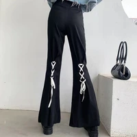 streetwear black y2k flare pants high waist split lace up bandage trousers outfits for women spring summer 2022 woman pants