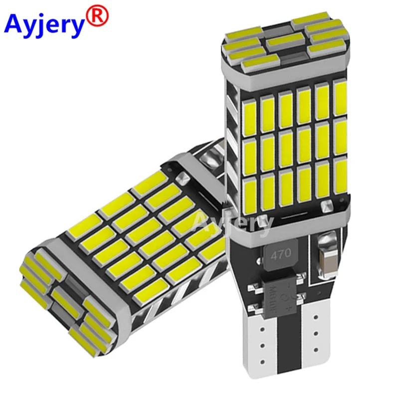 

AYJERY 2 шт. светодиодсветильник автомобильная лампа высокой мощности, белый постоянный ток 12 В, автомобильный фонарь заднего хода T15 W16W 45 SMD 4014, поворотный сигнал, светодиодная лампа Canbus