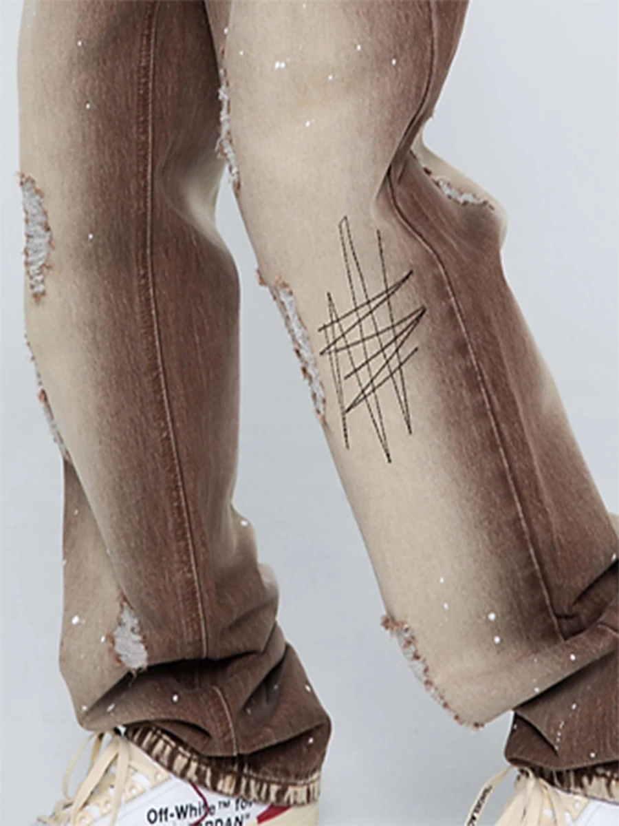 Four Seasons High Street American Retro Washed and Worn High Street Straight Trousers Y2k Men's Jeans Streetwear Ins Hot Sale