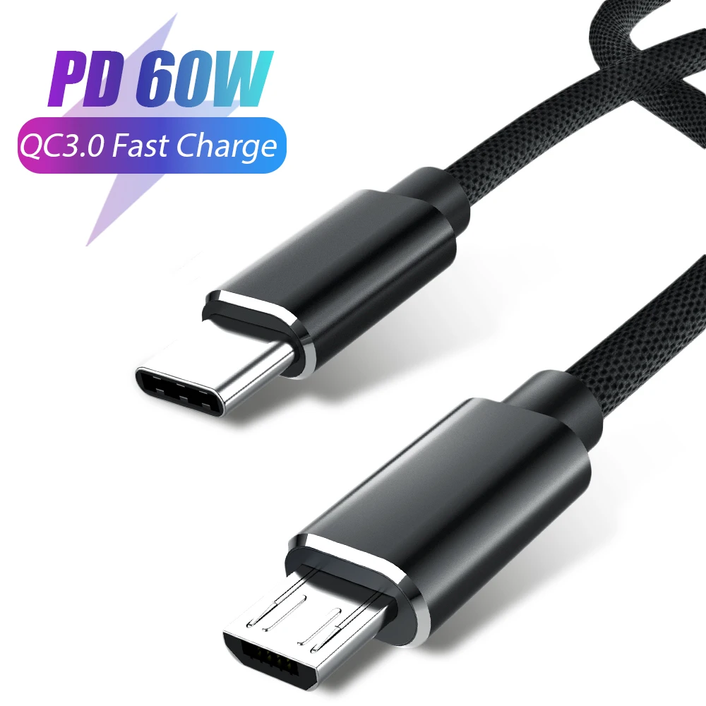 

PD 60W Type C To Micro USB QC 3.0 3A Fast Charging Adapter Cable Quick Charger Data Cable For Macbook Samsung Xiaomi Huawei 1M