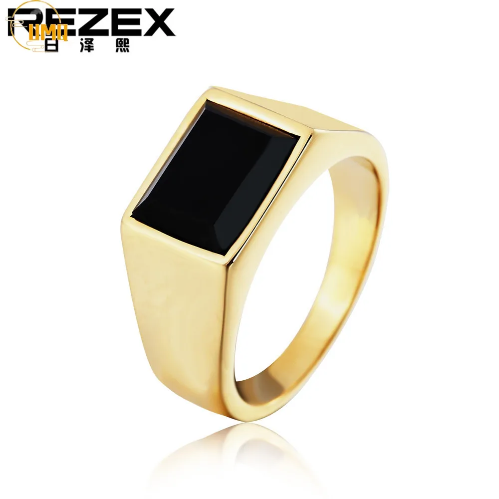

High Quality Fine Jewelry Simple Fashion Natural Stone Black Agate Square Titanium Steel Male Jewelry Men Rings Lovers Gift