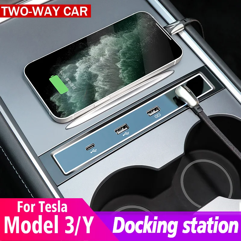

For Tesla 2021-2022 Model 3 Model Y 27W Quick Charger Intelligent Docking Station USB Shunt Hub Decoration Interior Accessories