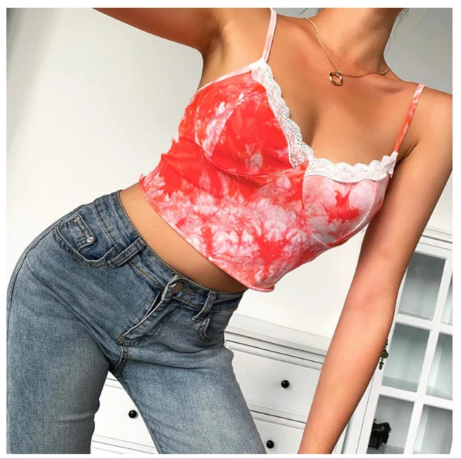 

Women Summer Spaghetti Strap Crop Top Sexy V-Neck Lace Patchwork Camis Top Gradient Tie-Dye Print Backless Sling Vest Streetwear