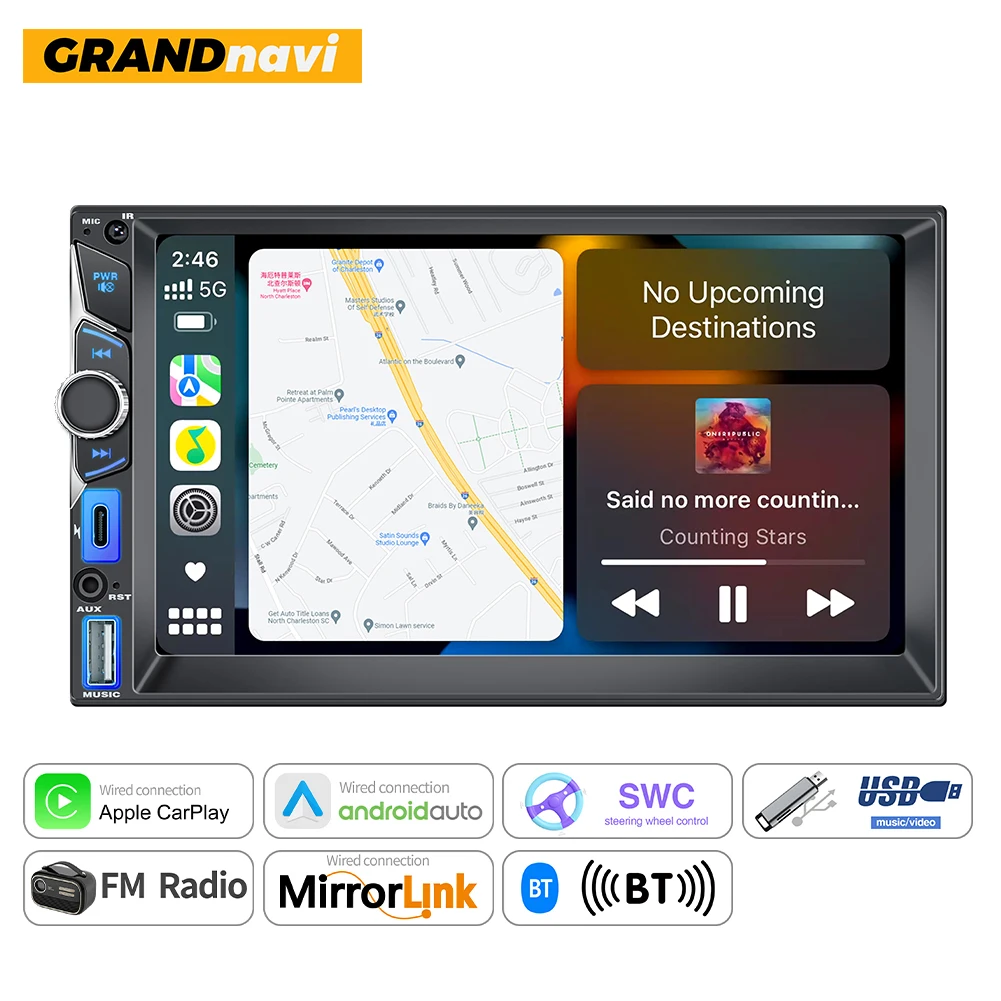 

2DIN 7-дюймовый автомобильный мультимедийный MP5-плеер, проводной CarPlay Android Auto Mirrorlink, сенсорный экран, AUX, Blue...