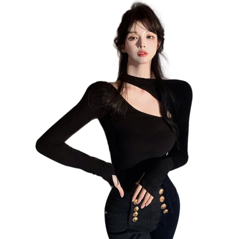 

Ажурная пикантная Базовая рубашка с лямкой на шее для женщин, однотонный облегающий Повседневный Топ с длинным рукавом и воротником-халтером