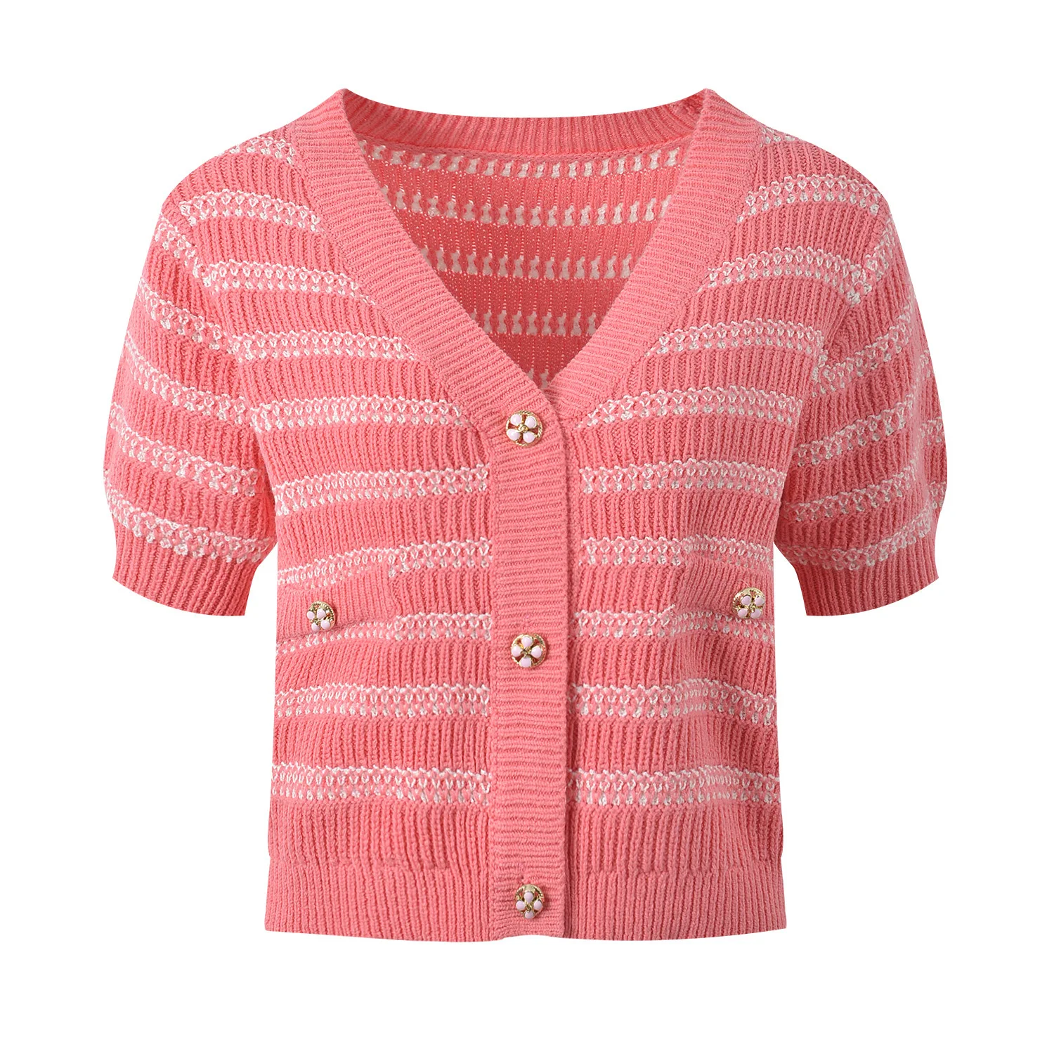 2024 Summer Contrast Color Stripe V-neck Single-Breasted Short sleeve Knit cardigan Fashion Commuter Versatile Age-Reducing S...