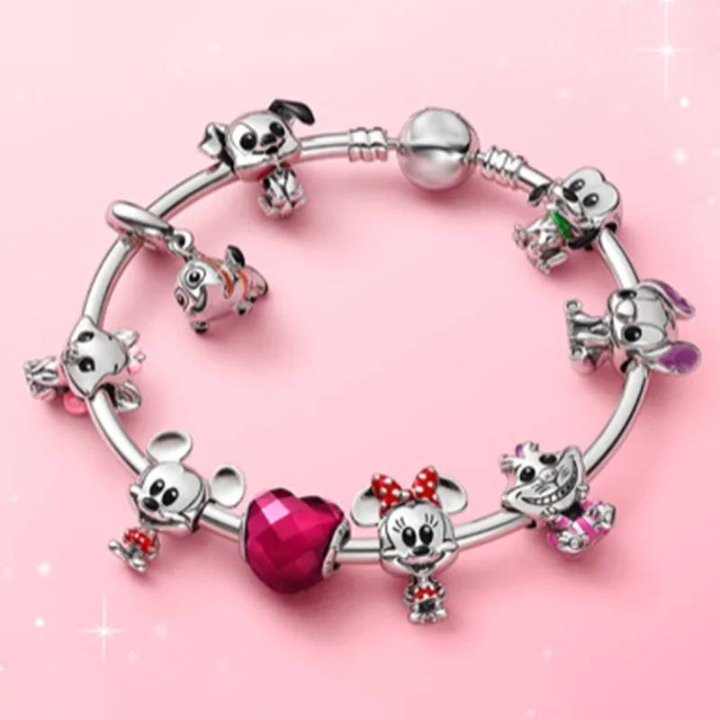 Fit Pan Disney Cartoon Animal Charms Anime Mickey Mouse Bracelet for Women Jewelry Girl Cheshire Cat Stitch Minnie Beads Bangles