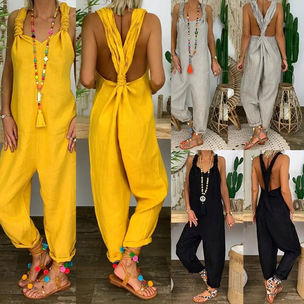 

Summer Women Casual Strappy Baggy Loose Jumpsuit Female Solid Color Bib Overall Sleeveless Backless Knotted Jumpsuit Dungarees